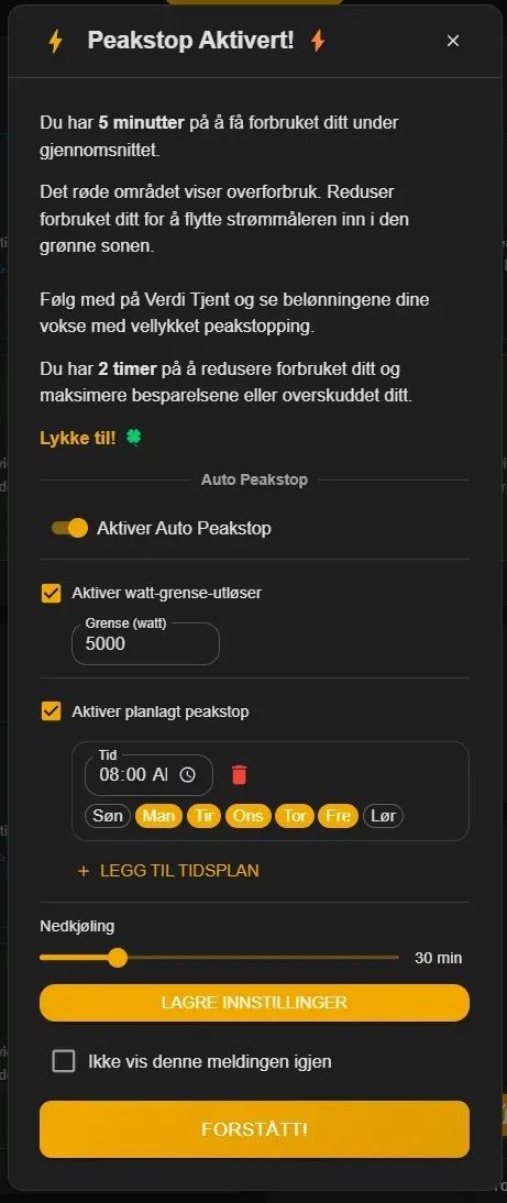 Skjermbilde av app-varsel for Peakstop Aktivert med innstillinger for strømsparing.