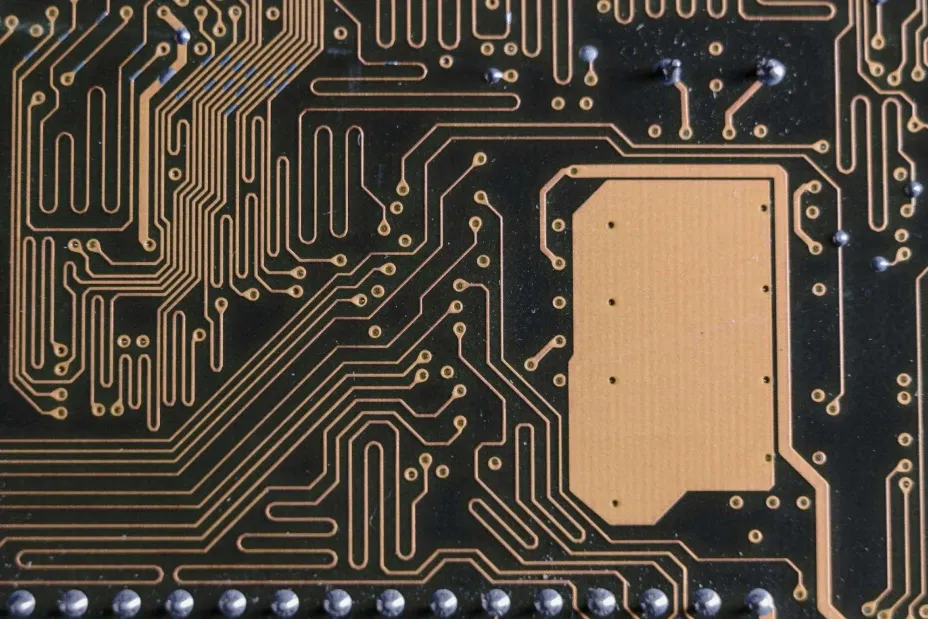 Makrofotografi av et kretskort (PCB) med høy tetthet som viser intrikate kobberbaner og en stor gullbelagt flate, som illustrerer kobbervekten og de elektriske banene som beskrives i artikkelen.