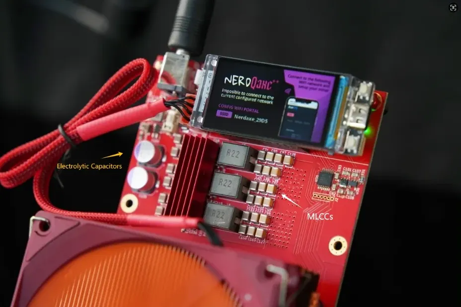 Et rødt kretskort fra en kompakt Bitcoin-miner med merkelapper som peker på nøkkelkomponenter: «Electrolytic Capacitors» (to sølvfargede sylindere) og «MLCCs» (en tett rekke med små keramiske kondensatorer nær spolene).