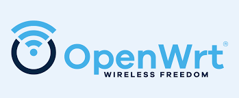 OpenWrt-logoen med navnet skrevet i hvit tekst og et blått og gult sirkelsymbol som ligner en globus eller en nettverksnode.