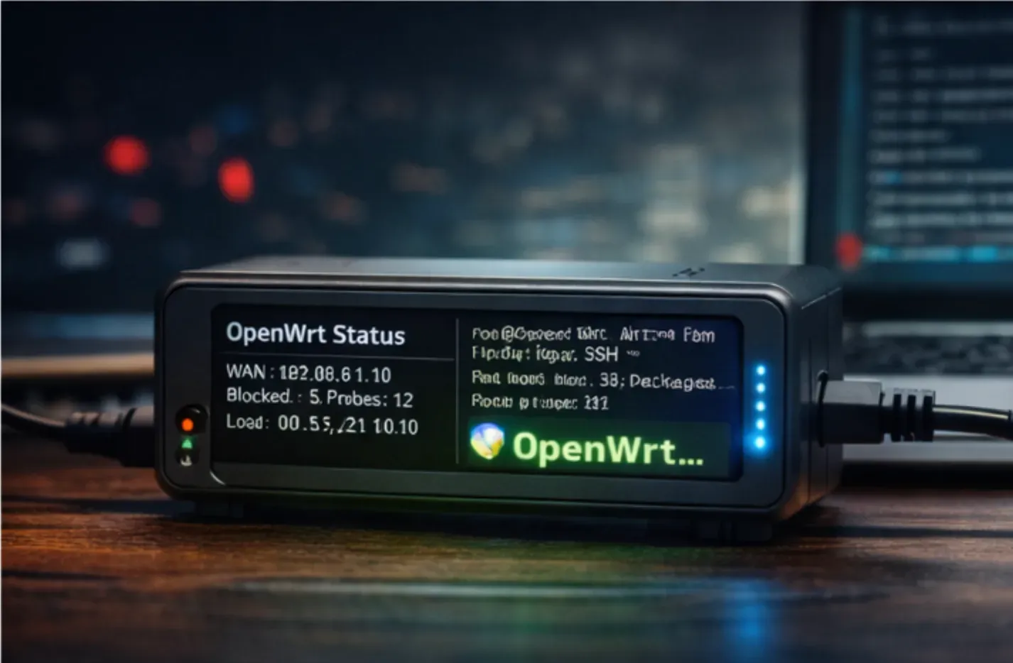 En liten, mørk nettverksenhet med en innebygd skjerm som viser «OpenWrt Status». Skjermen viser teknisk informasjon som IP-adresse, blokkerte forespørsler og systembelastning. Enheten er koblet til kabler på begge sider.