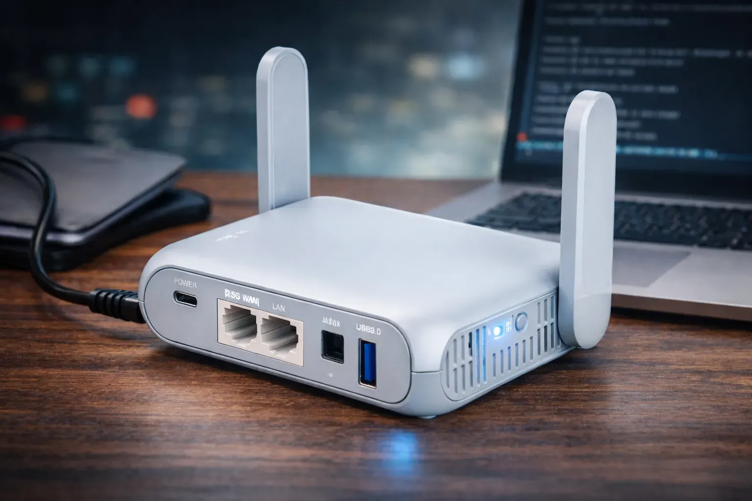En kompakt, lyseblå GL.iNet Beryl AX (GL-MT3000) reiseruter med to sammenleggbare antenner. Enheten har en USB-port, en WAN/LAN-port og en USB-C-strømtilkobling på siden.