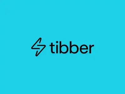 Tibber-logo med lynsymbol på blå bakgrunn.