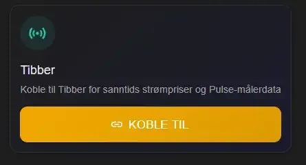 Koble til Tibber for sanntids strømpriser og Pulse-målerdata via gul knapp.