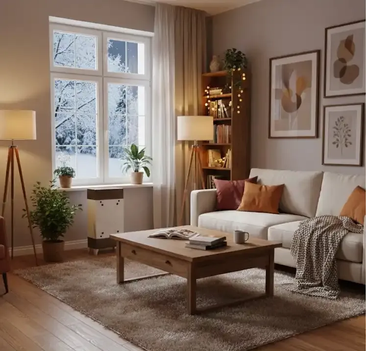 Moderne stue med en hvit sofa, trebord, teppe og grønne planter. To gulvlamper lyser opp rommet, og et vindu viser et snødekt landskap utenfor. Ved vinduet står en hvit og brun Hive2-varmeminer.